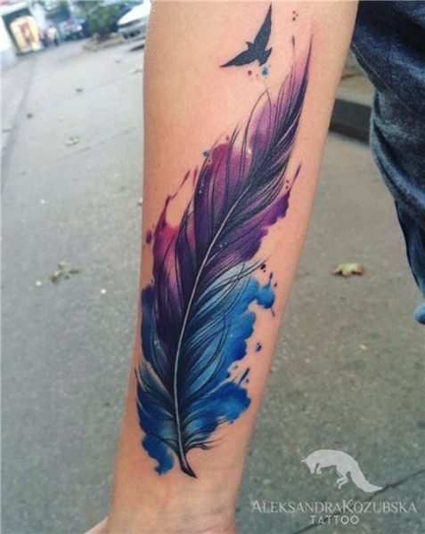 45 Awesome Feather Tattoo Ideas - ADDICFASHION Watercolor ta