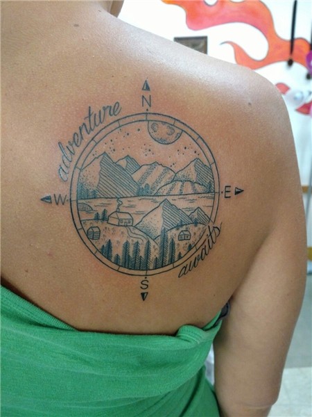 Adventure awaits compass tattoo with mountains Hiking tattoo