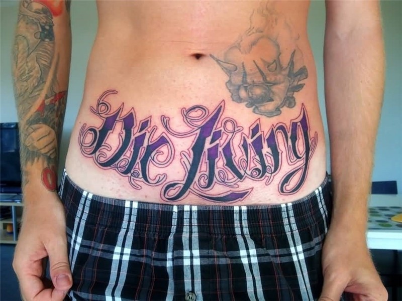 Amazing Lettering Tattoo On Hip With Purple Ink