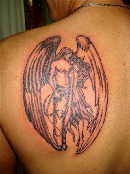 Angel Couple Tattoo Design On Back Shoulder