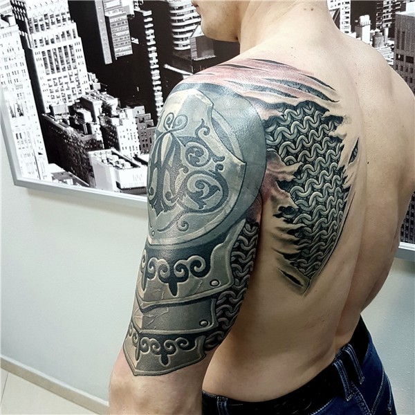 Armor , coverup tattoo by @gollandetsart Shoulder armor tatt