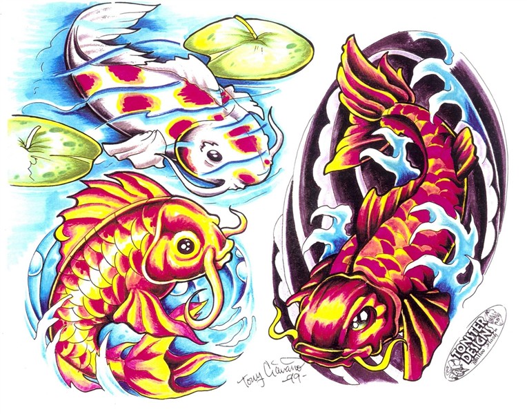 Awesome Colored Aqua Fish Tattoos Designs