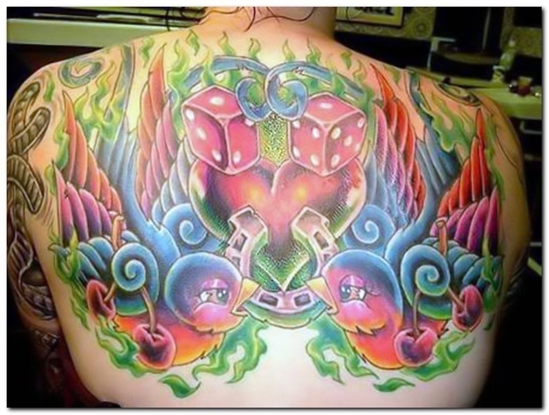 Awesome Colored Gambling Tattoo On Back Body