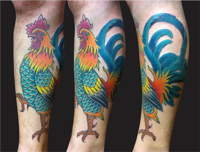 Awesome Colored Rooster Tattoo On Leg Sleeve