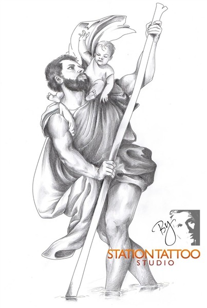 Awesome Grey Ink Saint Christopher Tattoo Design By Christos