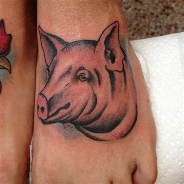 Awesome Left Foot Pig Head Tattoo