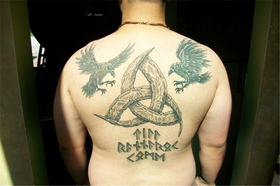 Awesome Odin Horns And Flying Crows Tattoo On Back By D Anar