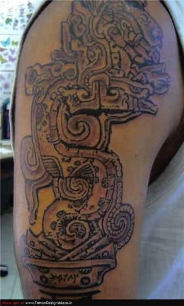 Aztec Dragon Grey Ink Tattoo On Upper Arm