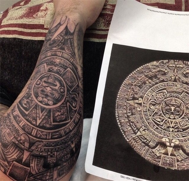 Aztec calendar forearm half sleeve tattoo. Aztec tattoo, May