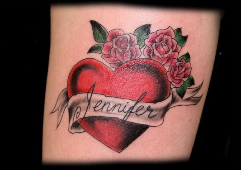 Banner And Red Heart Rose Tattoos On Bicep