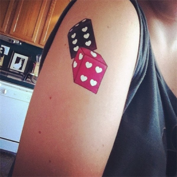 Black And Pink Two Dice Tattoo On Right Shoulder