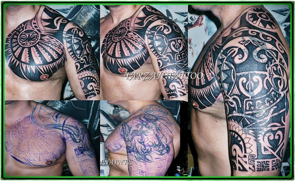 Black Ink Maori Tribal Tattoo On Chest And Sleeve For Men