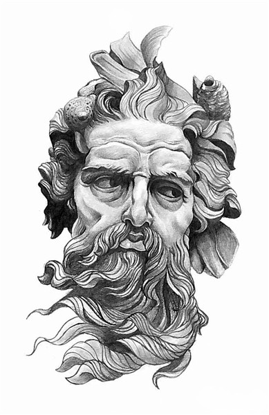 Black and White portrait of Poseidon, Pencil on Paper, origi