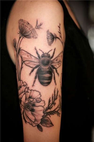 Black and grey bee and flowers tattoo by Alice Carrier - Bee