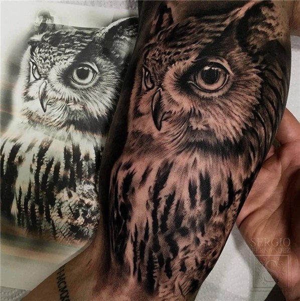 Black and grey owl on the right inner arm. Owl thigh tattoos