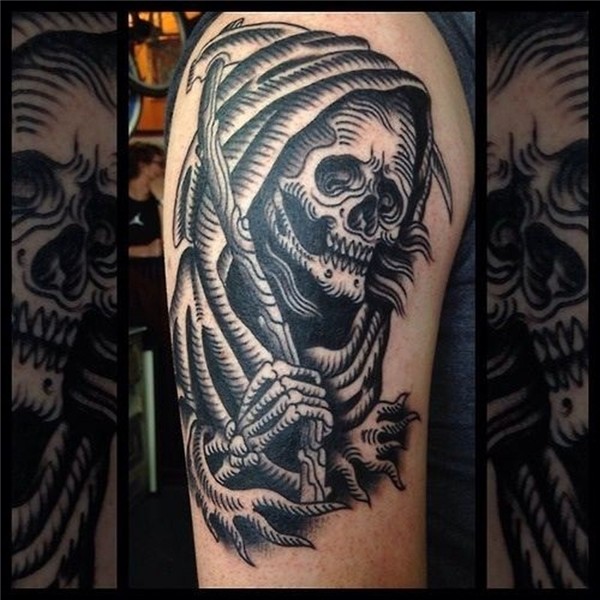 Black ink death tattoo on shoulder by Marie Sena - Tattoos B