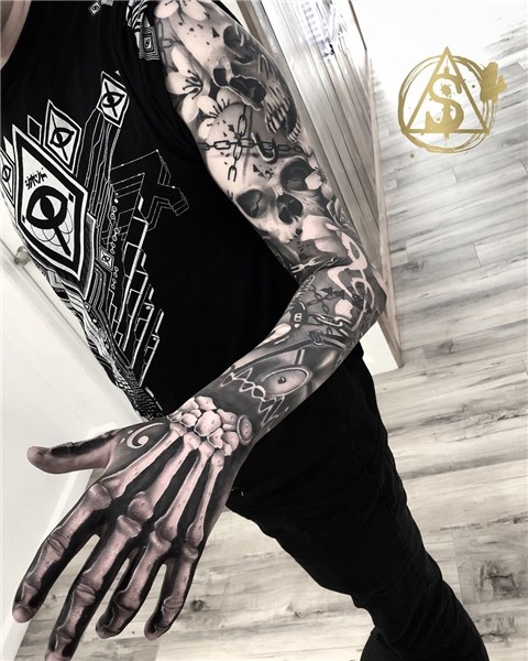 Bones & Music Sleeve Sleeve tattoos, Skeleton hand tattoo, H