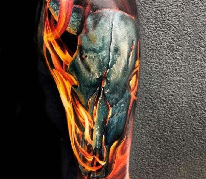 Bull skull in Fire tattoo by Oleg Black Post 25371 Fire tatt