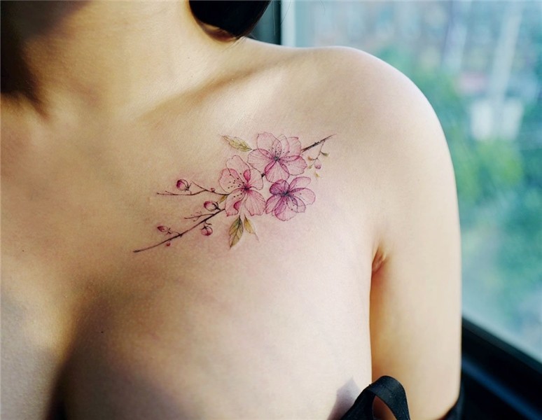Cherry blossoms by Banul Collar bone tattoo, Blossom tattoo,