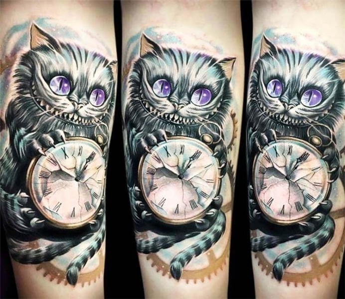 Cheshire Cat with Clock tattoo by Anjelika Kartasheva Post 1