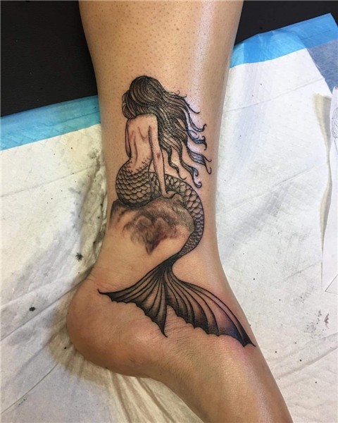 Classic mermaid girl look ankle tattoo designs in black ink