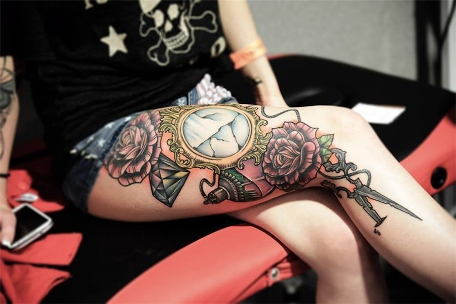 Clock And Rose Thigh Tattoo