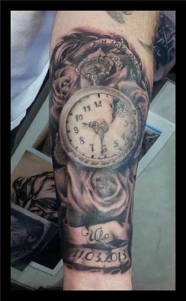 Clock and rose tattoo, Rose tattoos, Tattoos
