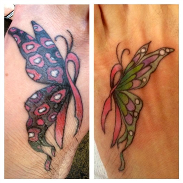 Color Butterfly Cancer Tattoo On Left Foot