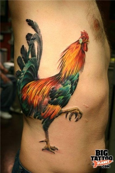 Colored Hen Animal Tattoo On Side Rib