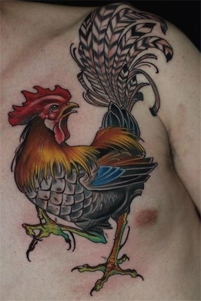 Colored Rooster Tattoo On Man Chest Rooster tattoo, Chicken
