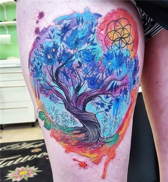 Colorful Tree of Life Tattoo On Womans Thigh