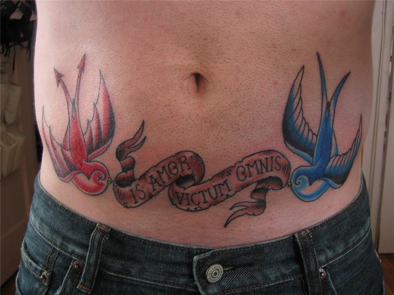 Colorful Two Flying Birds Tattoo On Stomach
