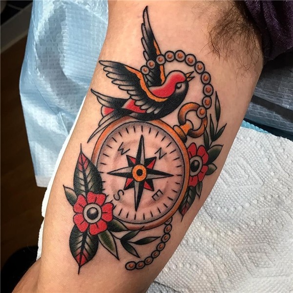 Compass and swallow tattoo - traditional tattoo Traditional
