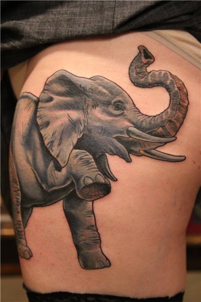 Cool 3D Elephant Trunk Up Tattoo Design For Thigh Realistic