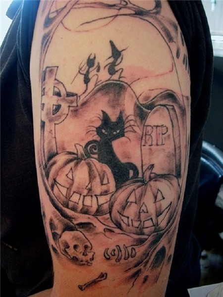 Creepy looking Halloween tattoo design with Jack-O-Lanterns