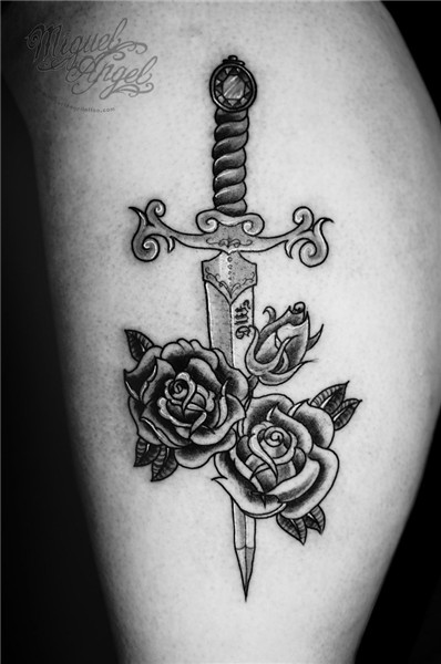 Dagger and roses custom tattoo Miguel Angel Custom Tattoo .
