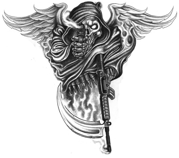Death with Wings and Gun Tattoo Design