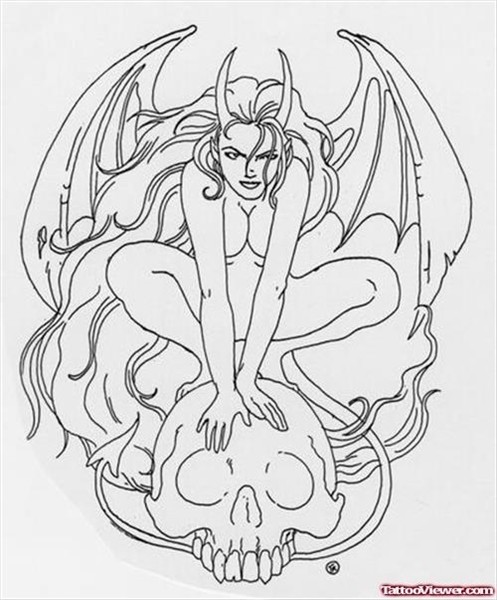 Devil Girl On Skull Tattoo Design