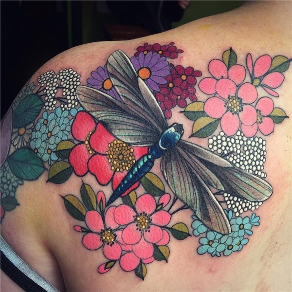 Dragonfly tattoo, floral tattoo, flowery tattoo by Charlotte