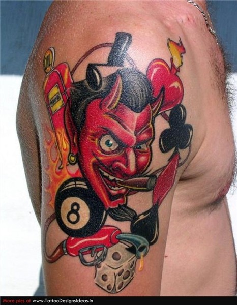 Eightball And Red Devil Tattoo On Right Shoulder