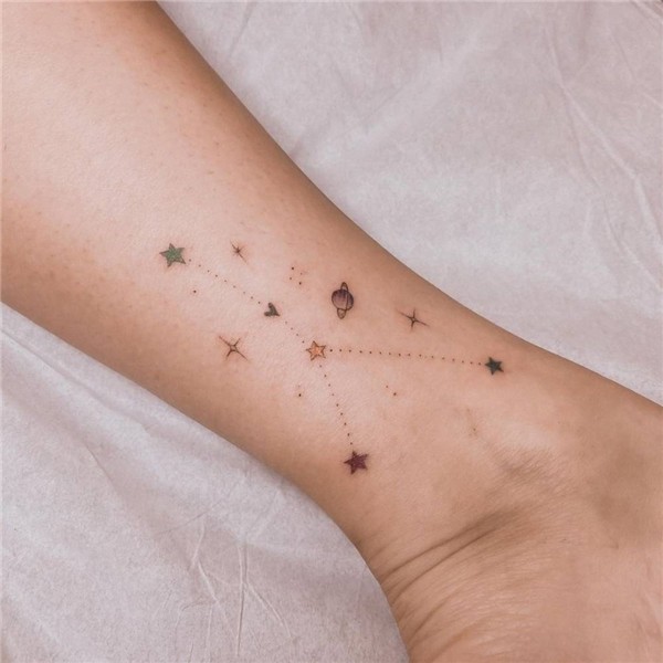 FIne line Cancer Constellation tattoo on the ankle