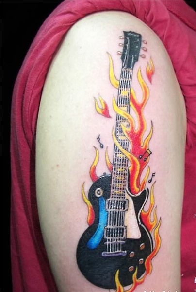 Flaming band guitar tattoo on shoulder - Tattoos Book - 65.0