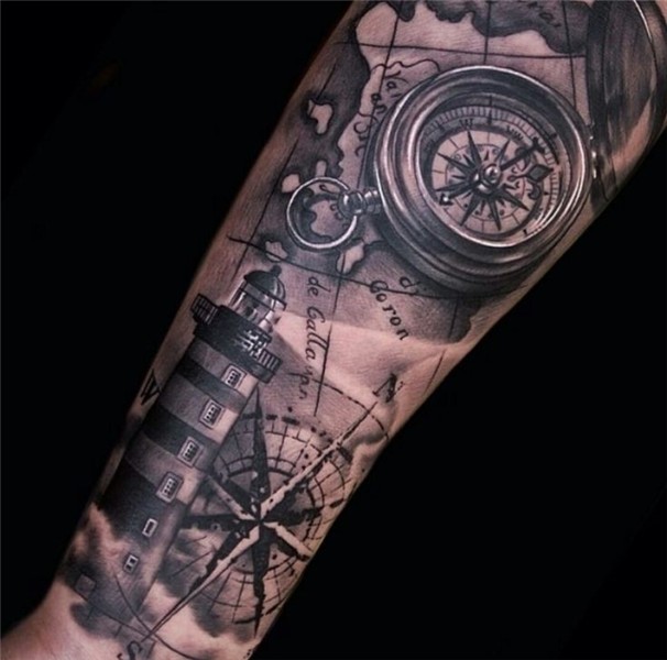 Full sleeve. Perfect!! Map tattoos, Watch tattoos, Nautical