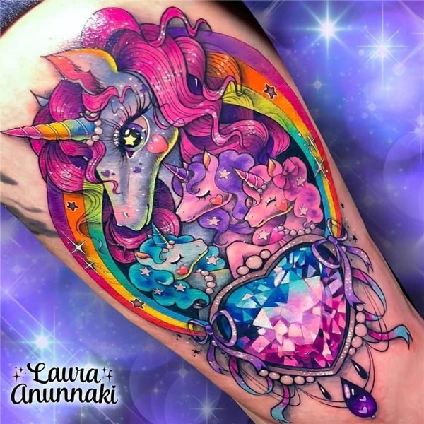 Glitter rainbow unicorn family tattoo 🦄 🌈 💖 by @lauraanunnak