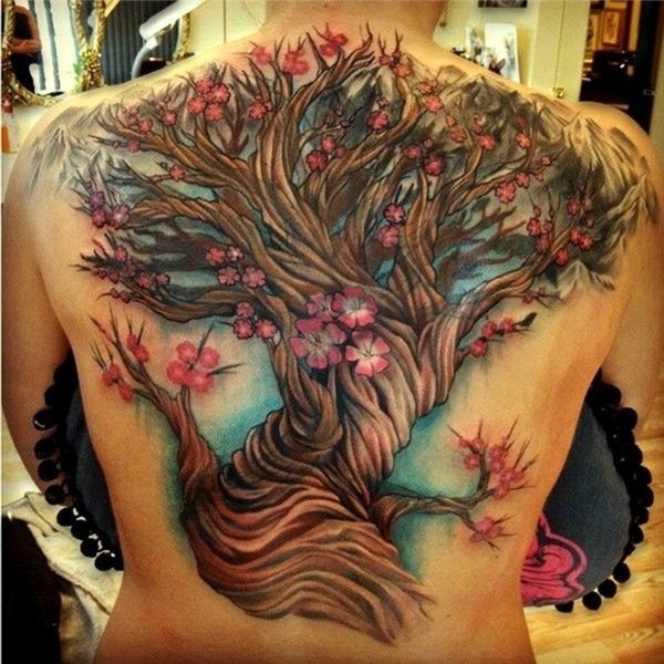 Great beautiful colored cherry blossom tattoo on back - Tatt