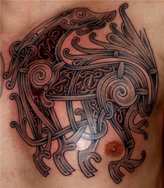 Grey Ink Celtic Viking Tattoo On Man Chest