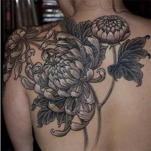 Grey Ink Chrysanthemum Tattoo On Girl Back Shoulder #Tattoos
