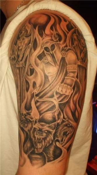Grey Ink Greek Tattoo On Man Left Half Sleeve