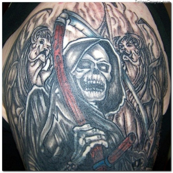 Grey Ink Grim Reaper Tattoo On Shoulder in 2017: Real Photo,