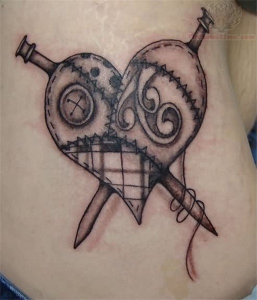Grey Ink Heart Kniiting Tattoo